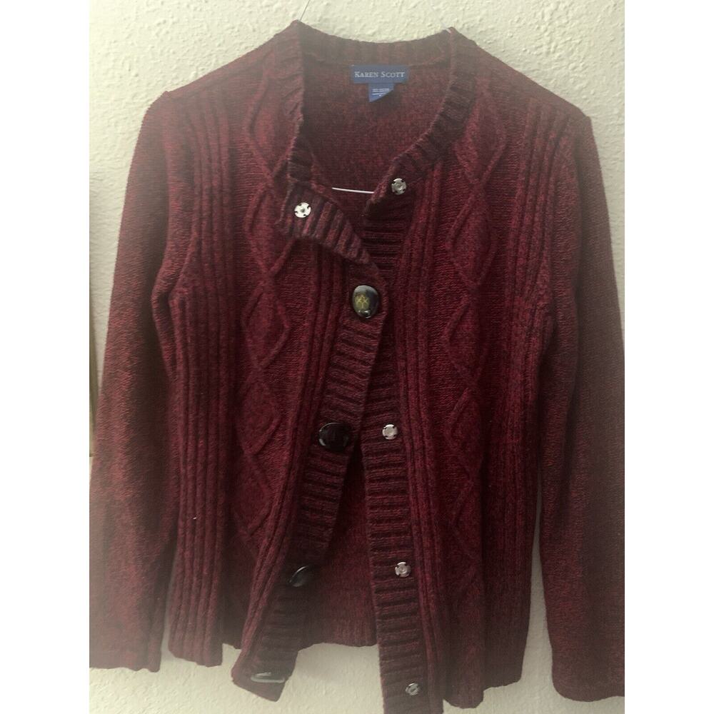 Karen Scott Cable Knit Sweater Womens Sz Med Red Black Snap Button Dressy Classy